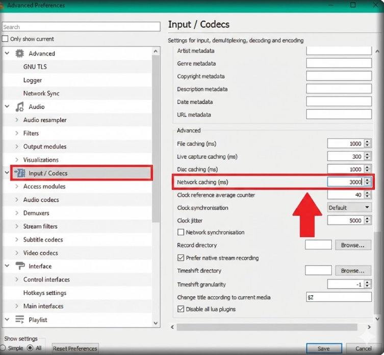 VLC Media Player Advanced Preferences window highlighting Network Caching setting to fix IPTV buffering
